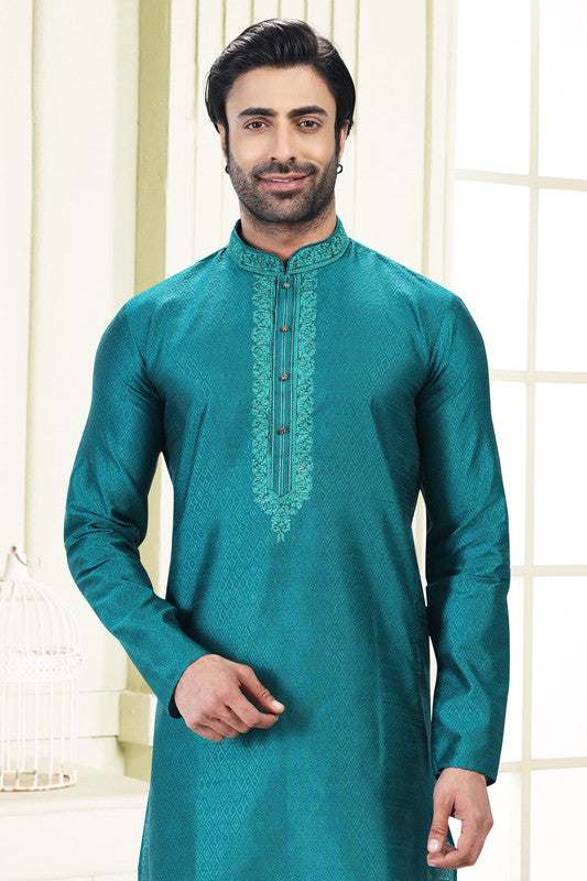 Men's Blue Jacquard Banarasi Silk Thread Work Kurta Pajama Set