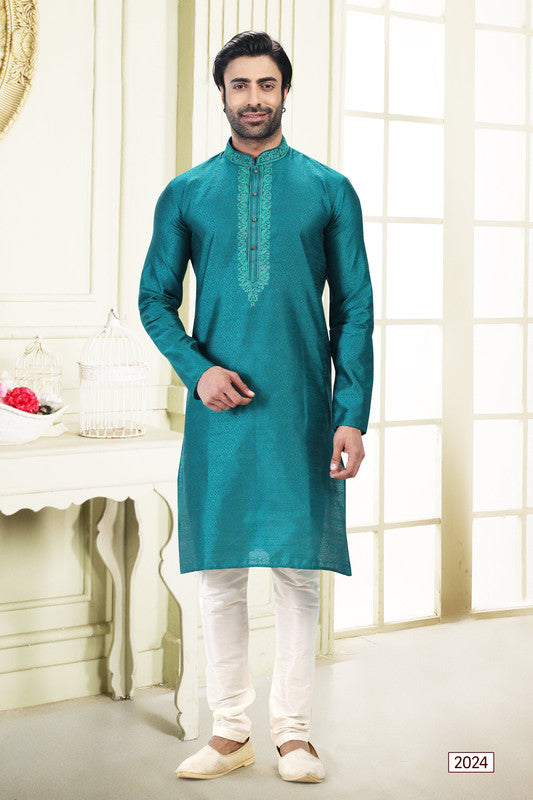 Men's Blue Jacquard Banarasi Silk Thread Work Kurta Pajama Set