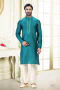Men's Blue Jacquard Banarasi Silk Thread Work Kurta Pajama Set