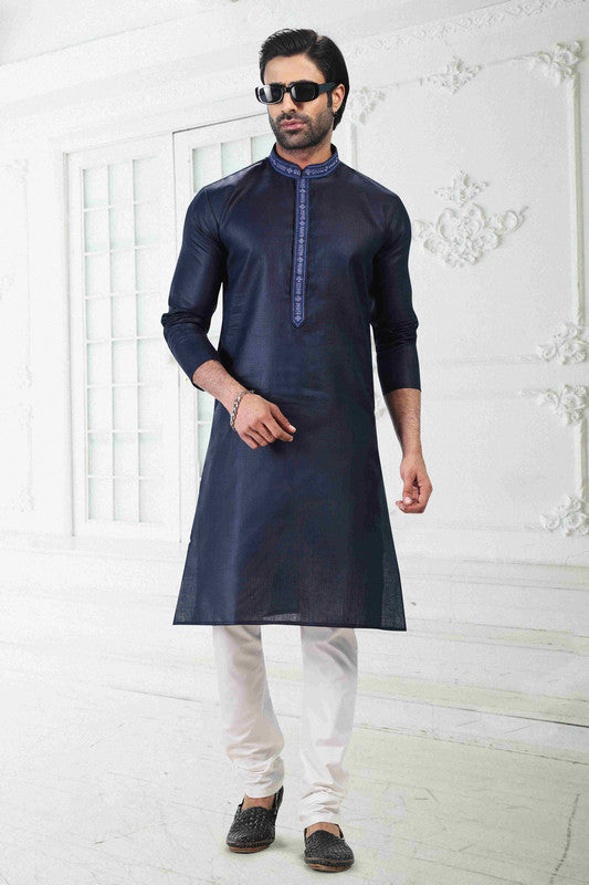 Men's Blue Linen Cotton Thread Work Collar Neck Pajama Set