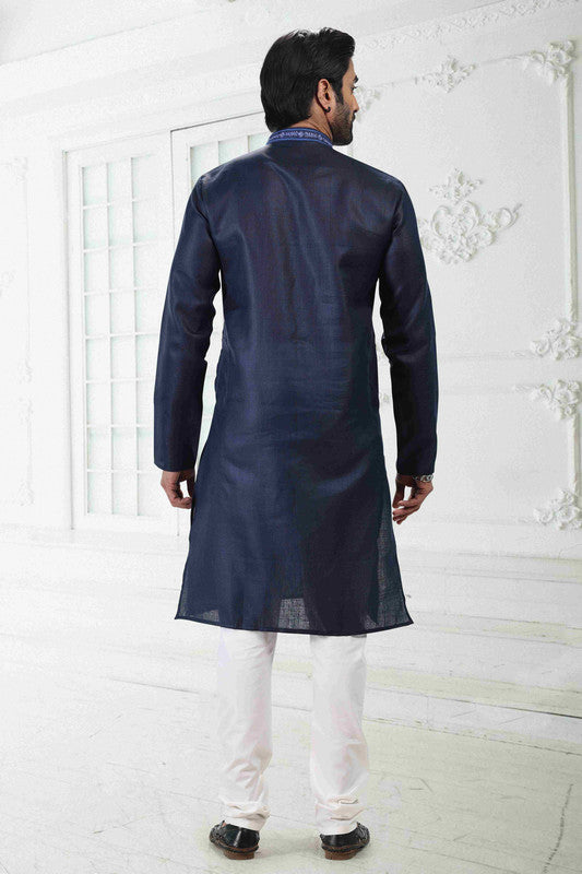 Men's Blue Linen Cotton Thread Work Collar Neck Pajama Set