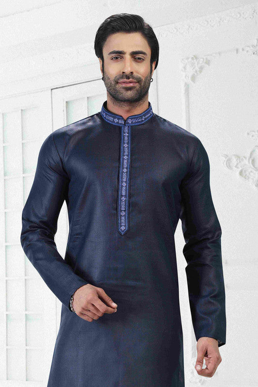 Men's Blue Linen Cotton Thread Work Collar Neck Pajama Set