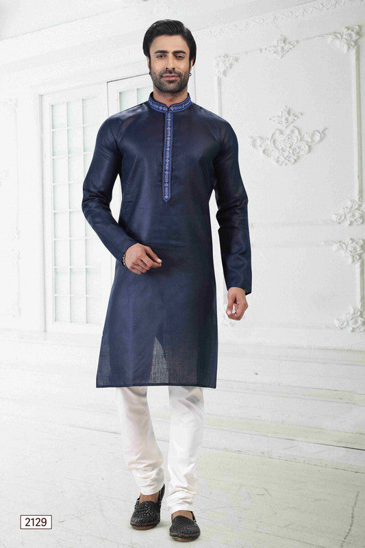 Men's Blue Linen Cotton Thread Work Collar Neck Pajama Set