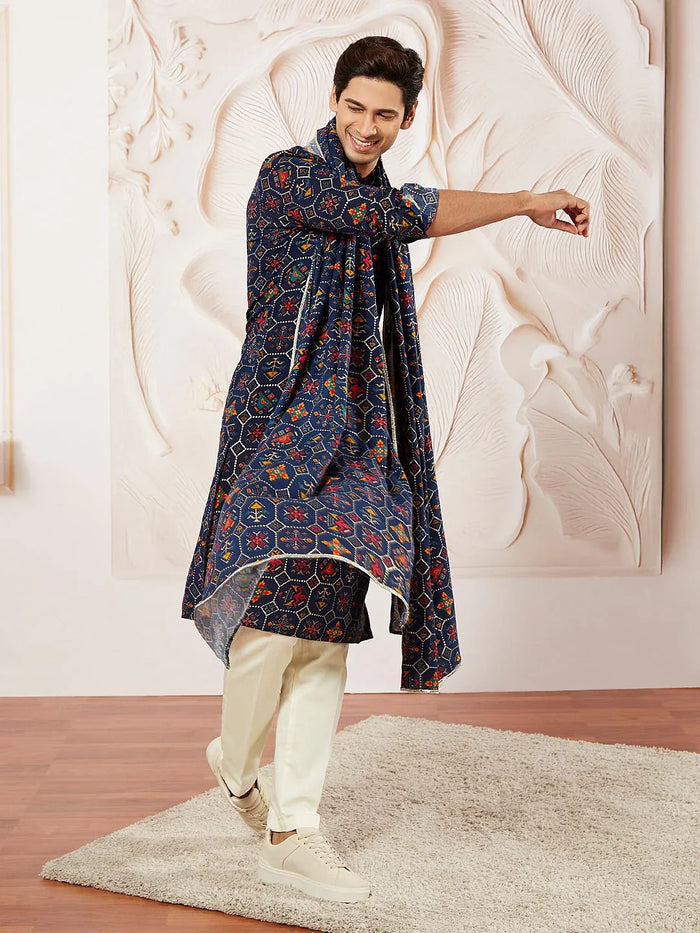 Men's Blue Printed Kurta Pyjama Set with Matching Dupatta