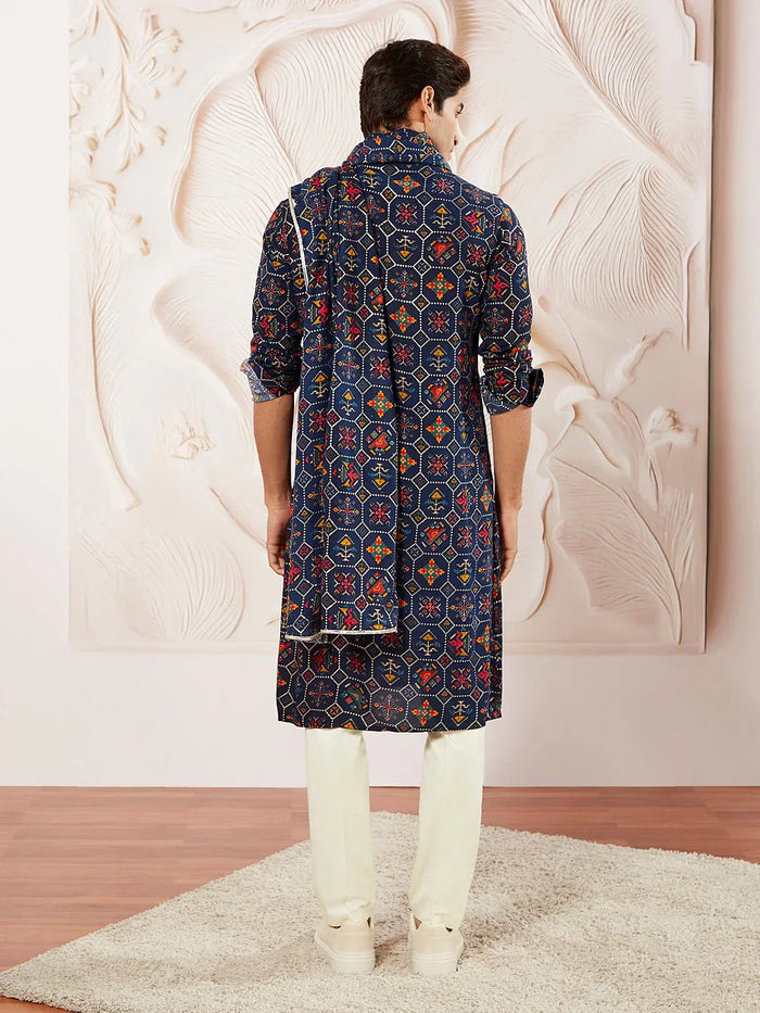 Men's Blue Printed Kurta Pyjama Set with Matching Dupatta