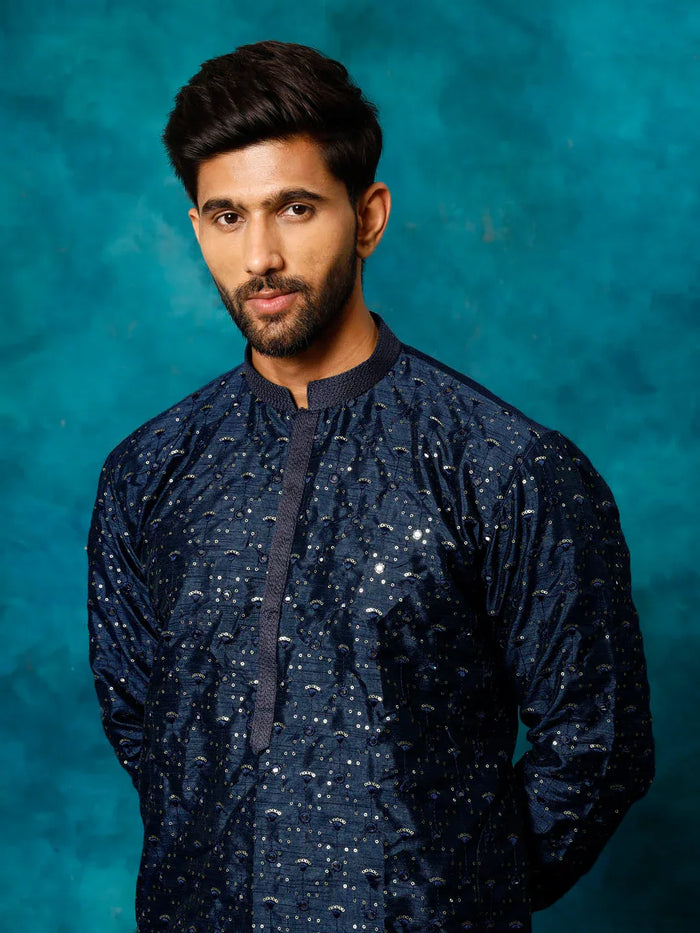 Men's Blue Silk Blend Kurta Pyjama Set