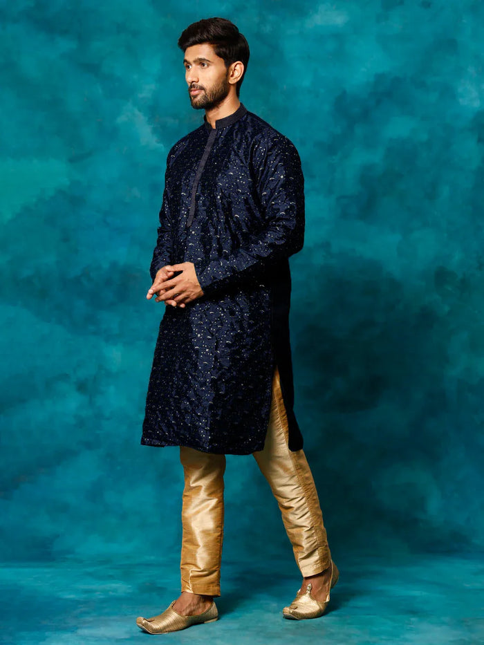 Men's Blue Silk Blend Kurta Pyjama Set