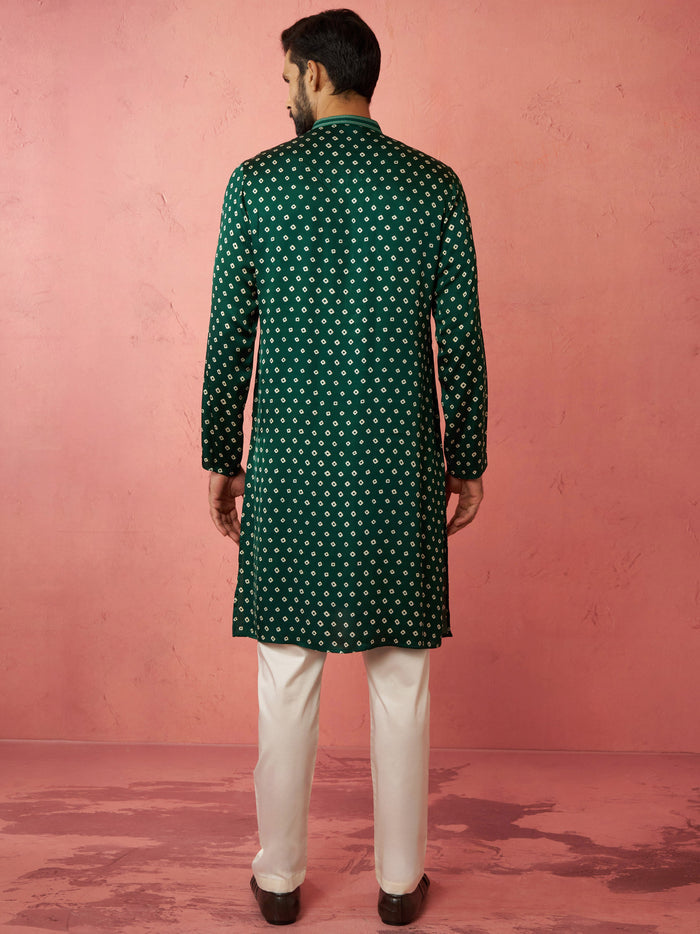 Men's Bottle Green Digital Print Long Kurta with Satin Pyjama Set
