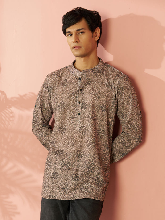 Men's Chiku Cotton Blend Ethnic Motif Printed Short Kurta with Cuffed Sleeves