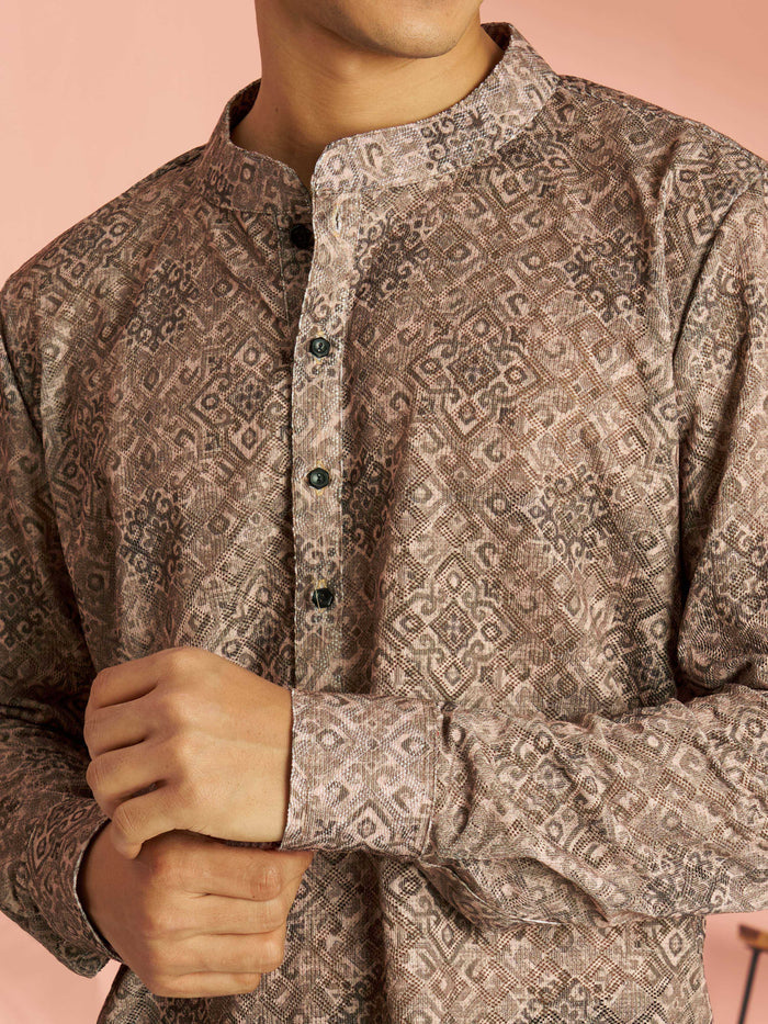 Men's Chiku Cotton Blend Ethnic Motif Printed Short Kurta with Cuffed Sleeves