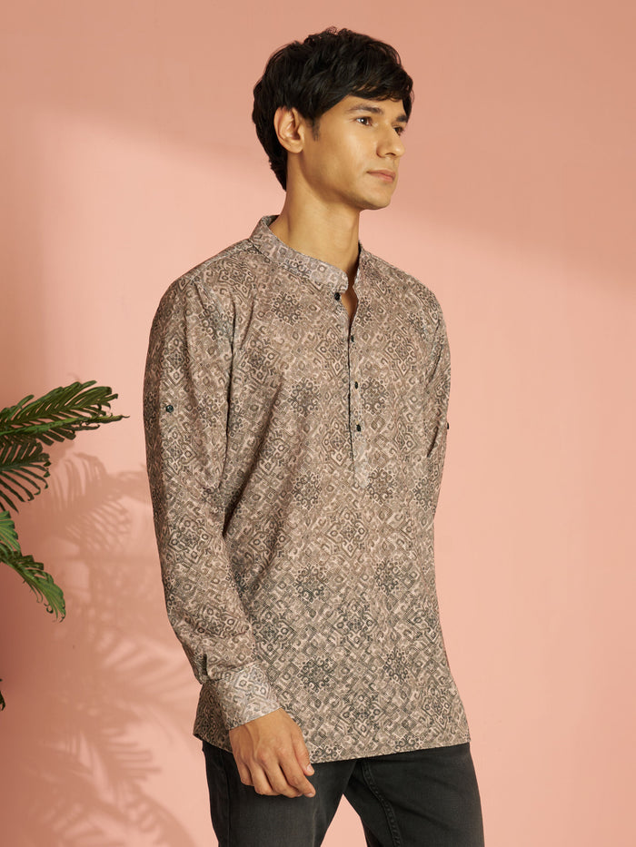 Men's Chiku Cotton Blend Ethnic Motif Printed Short Kurta with Cuffed Sleeves