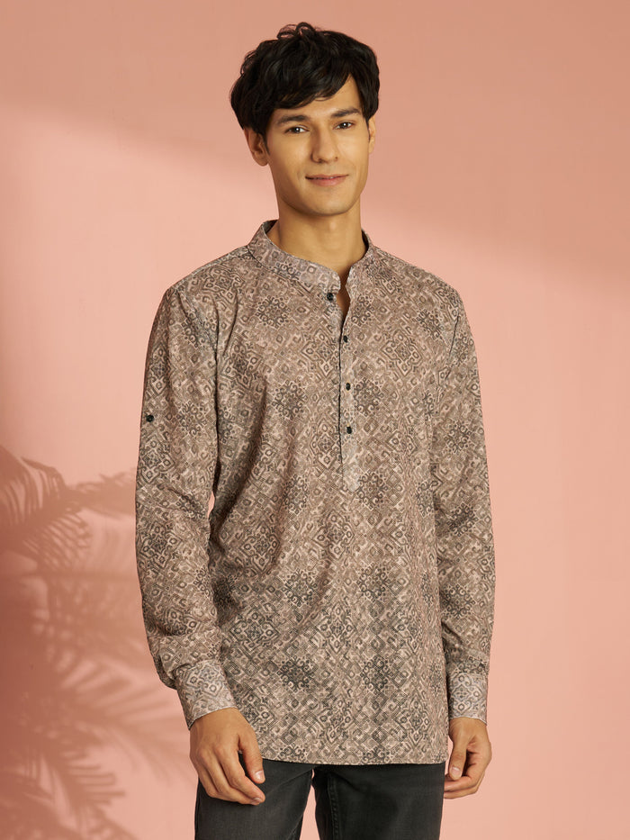 Men's Chiku Cotton Blend Ethnic Motif Printed Short Kurta with Cuffed Sleeves