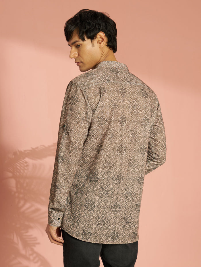 Men's Chiku Cotton Blend Ethnic Motif Printed Short Kurta with Cuffed Sleeves