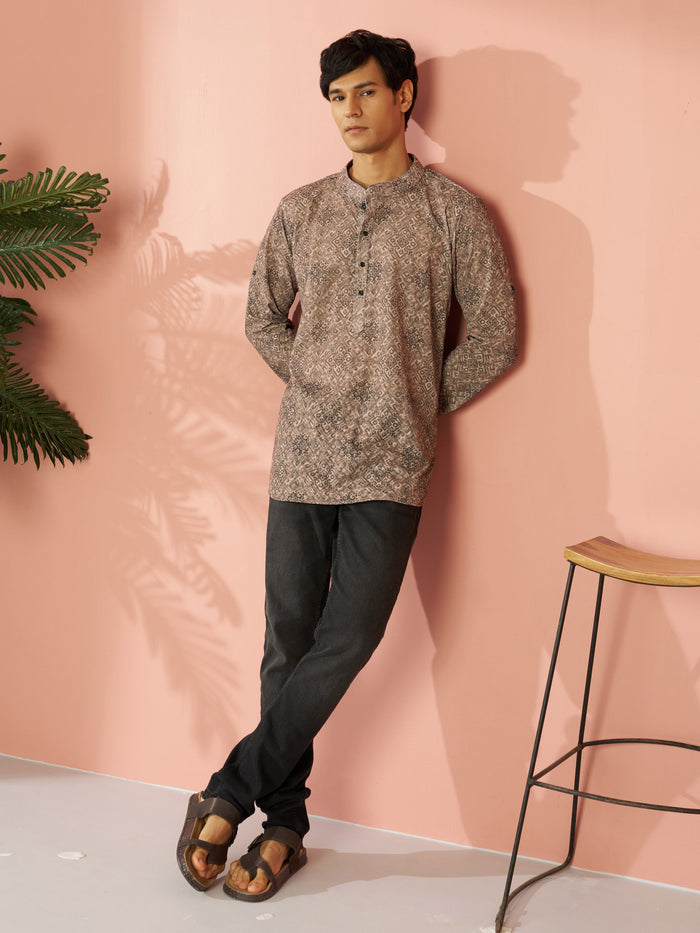 Men's Chiku Cotton Blend Ethnic Motif Printed Short Kurta with Cuffed Sleeves