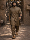 Men's Chiku Solid Swiss Slub Cotton Pathani Kurta with Chiku Silk Blend Patiala