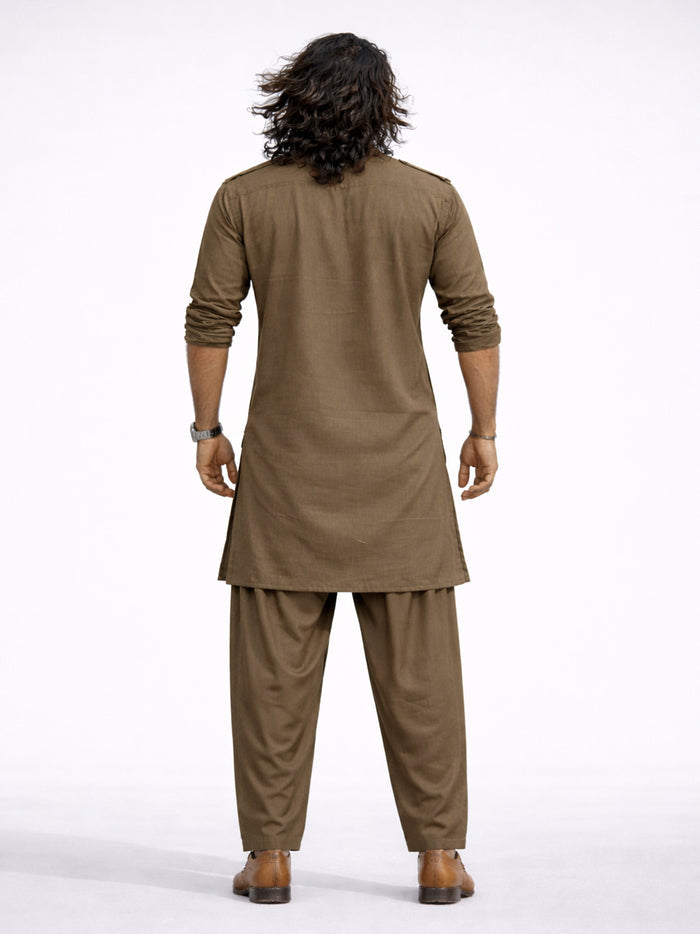 Men's Chiku Solid Swiss Slub Cotton Pathani Kurta with Chiku Silk Blend Patiala