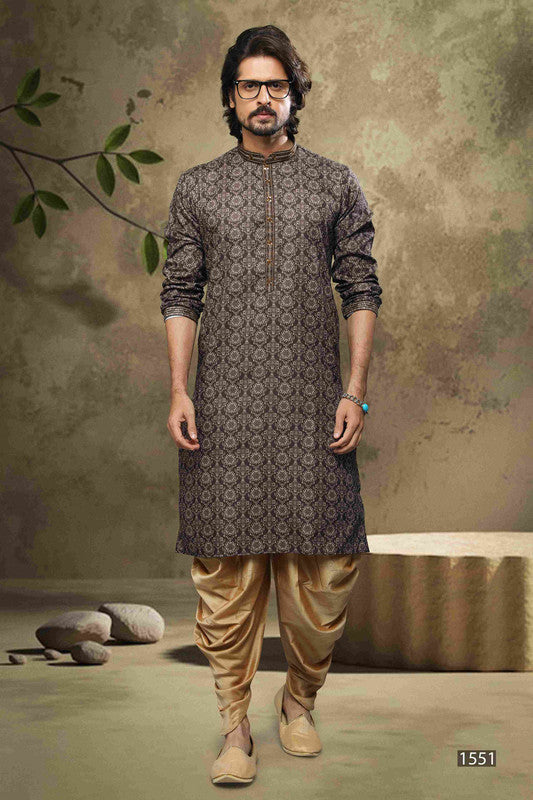 Men's Cotton Digital Print Mirror Work Kurta Pajama In Black Colour