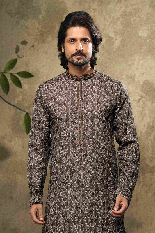 Men's Cotton Digital Print Mirror Work Kurta Pajama In Black Colour