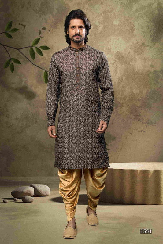 Men's Cotton Digital Print Mirror Work Kurta Pajama In Black Colour