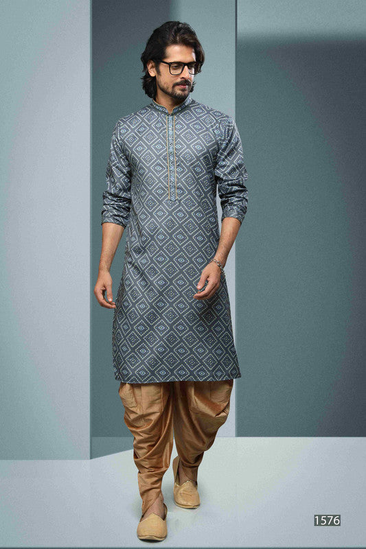 Men's Cotton Digital Print Mirror Work Kurta Pajama In Grey Colour