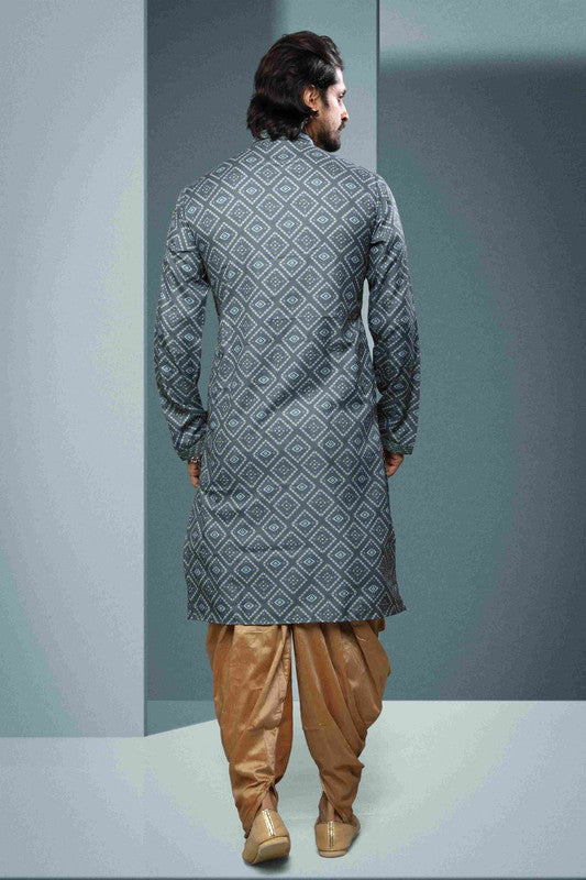 Men's Cotton Digital Print Mirror Work Kurta Pajama In Grey Colour