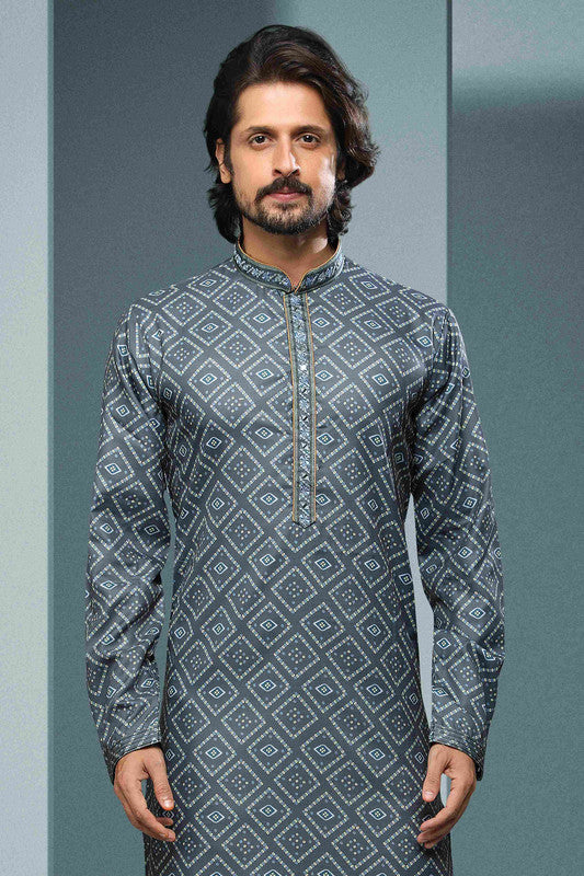 Men's Cotton Digital Print Mirror Work Kurta Pajama In Grey Colour