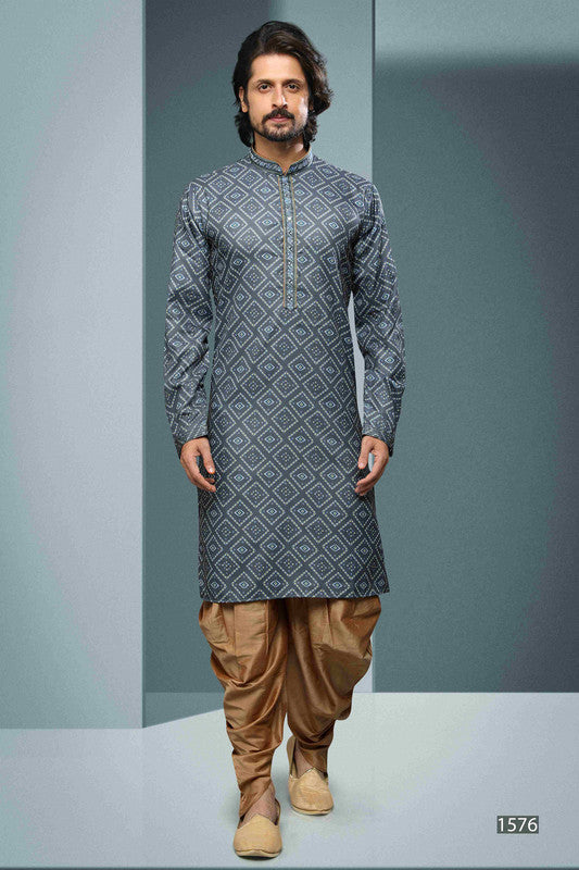 Men's Cotton Digital Print Mirror Work Kurta Pajama In Grey Colour