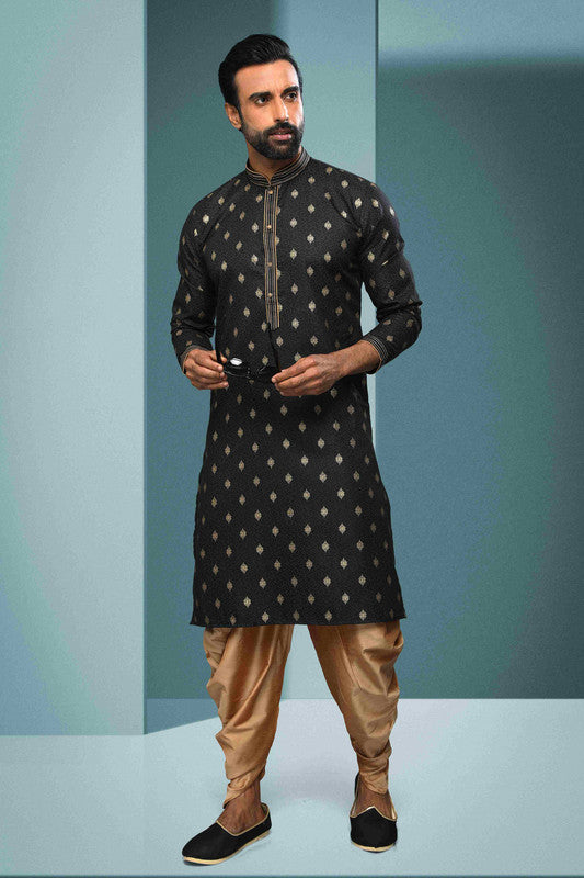 Men's Cotton Digital Print Pintux Work Kurta Pajama In Black Colour