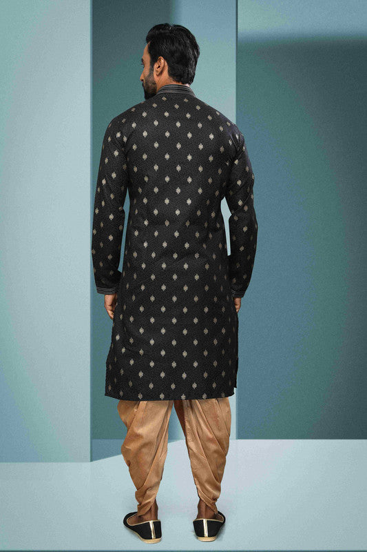 Men's Cotton Digital Print Pintux Work Kurta Pajama In Black Colour