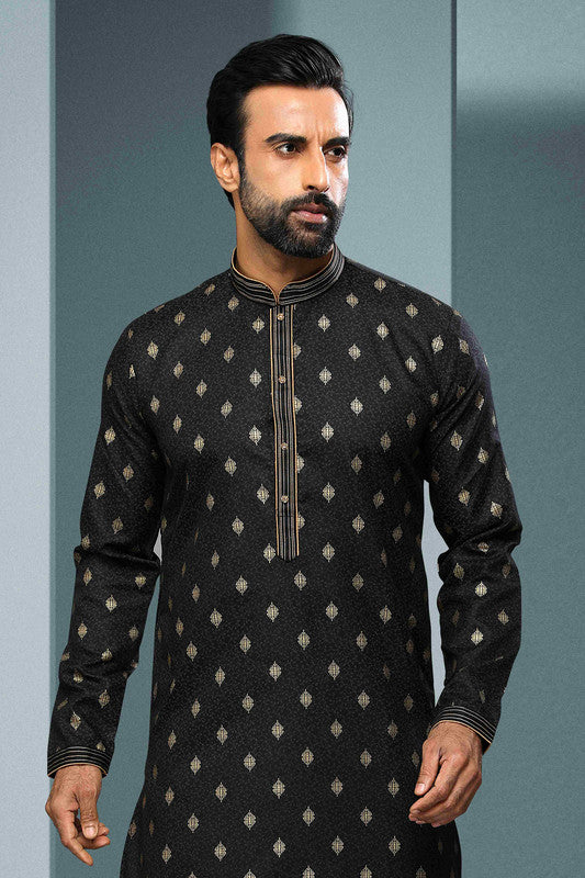 Men's Cotton Digital Print Pintux Work Kurta Pajama In Black Colour
