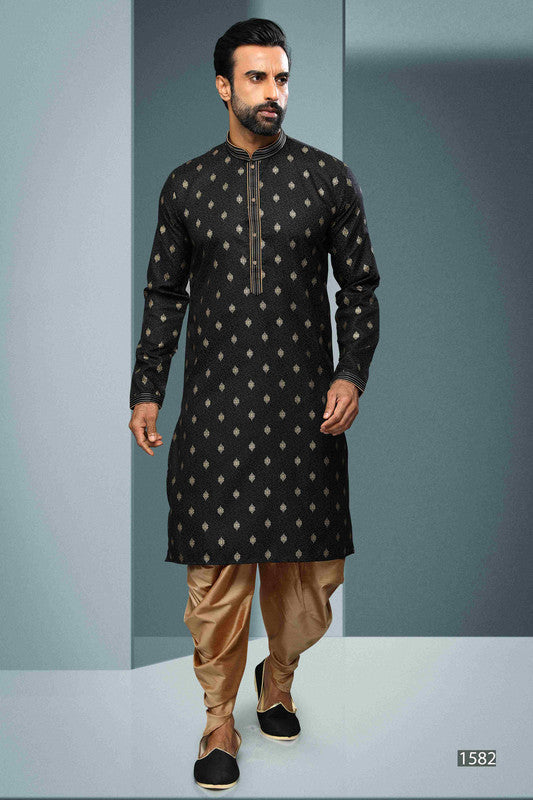 Men's Cotton Digital Print Pintux Work Kurta Pajama In Black Colour