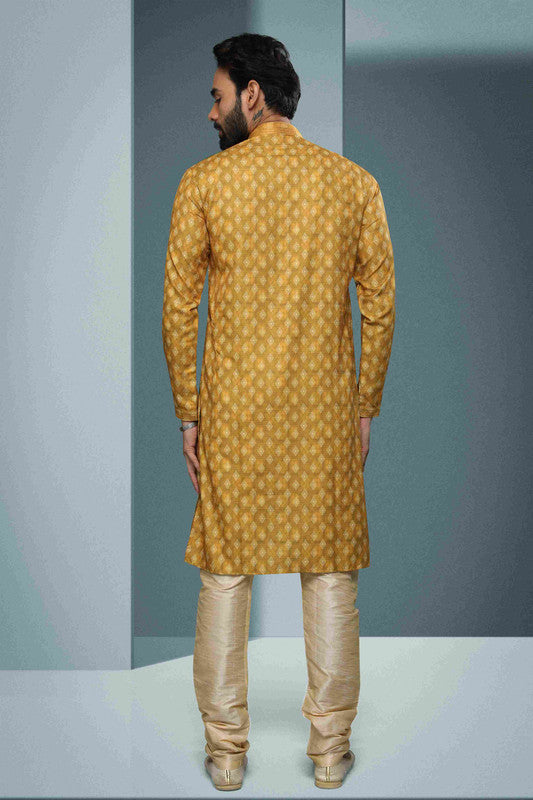 Men's Cotton Digital Print Pintux Work Kurta Pajama In Yellow Colour