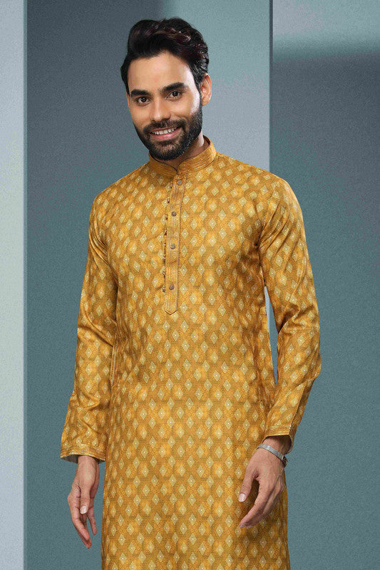 Men's Cotton Digital Print Pintux Work Kurta Pajama In Yellow Colour