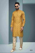Men's Cotton Digital Print Pintux Work Kurta Pajama In Yellow Colour