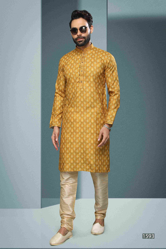 Men's Cotton Digital Print Pintux Work Kurta Pajama In Yellow Colour