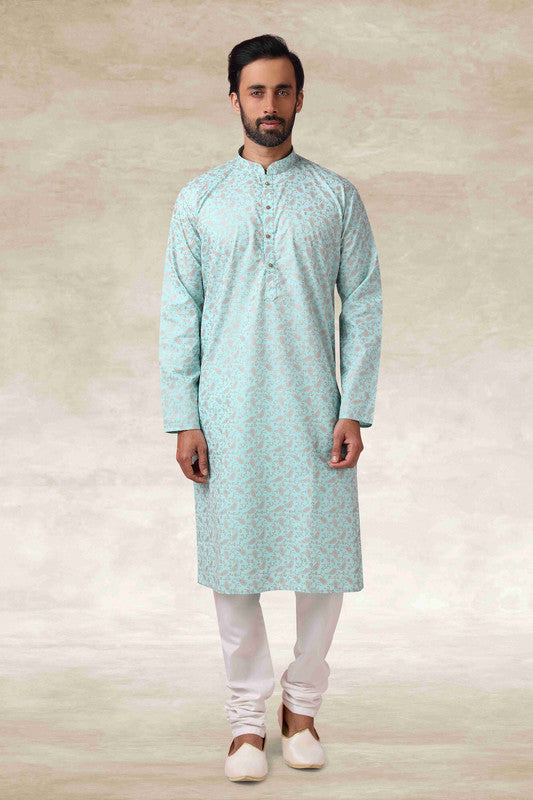 Men's Cotton Printed Work Kurta Pajama In Sea Green Colour