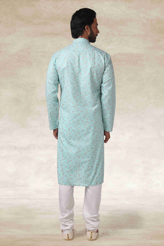 Men's Cotton Printed Work Kurta Pajama In Sea Green Colour