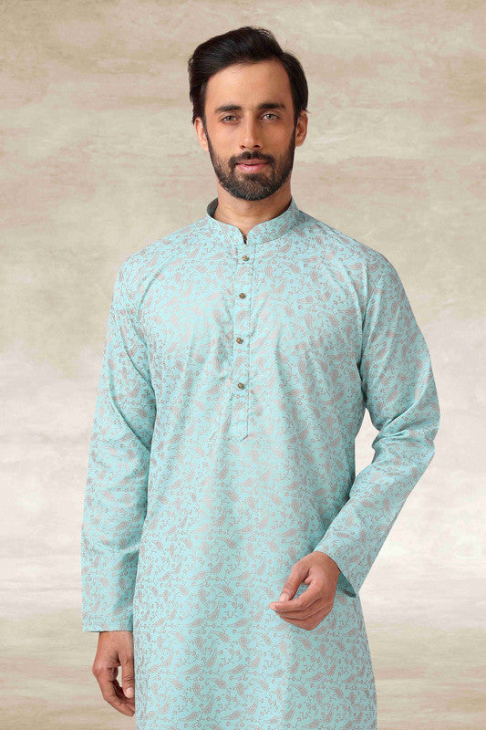 Men's Cotton Printed Work Kurta Pajama In Sea Green Colour