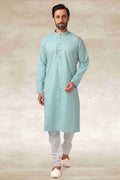 Men's Cotton Printed Work Kurta Pajama In Sea Green Colour
