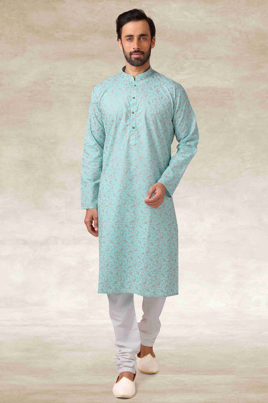 Men's Cotton Printed Work Kurta Pajama In Sea Green Colour