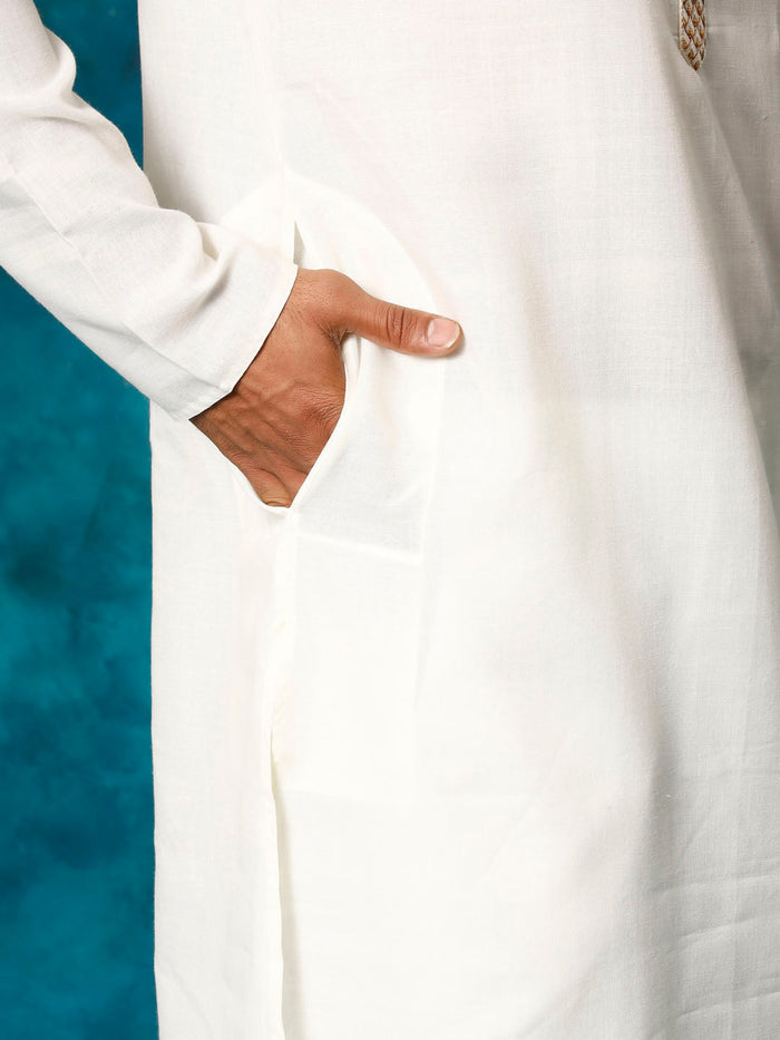 Men's Cream And White Cotton Blend Kurta Pyjama Set