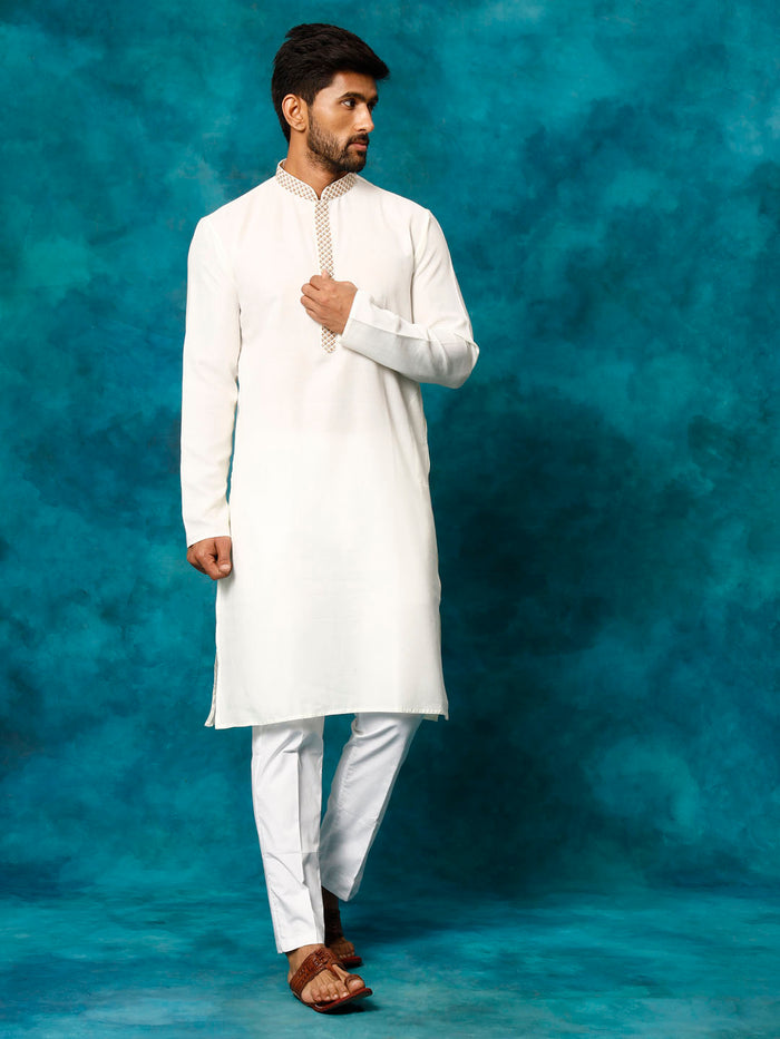 Men's Cream And White Cotton Blend Kurta Pyjama Set