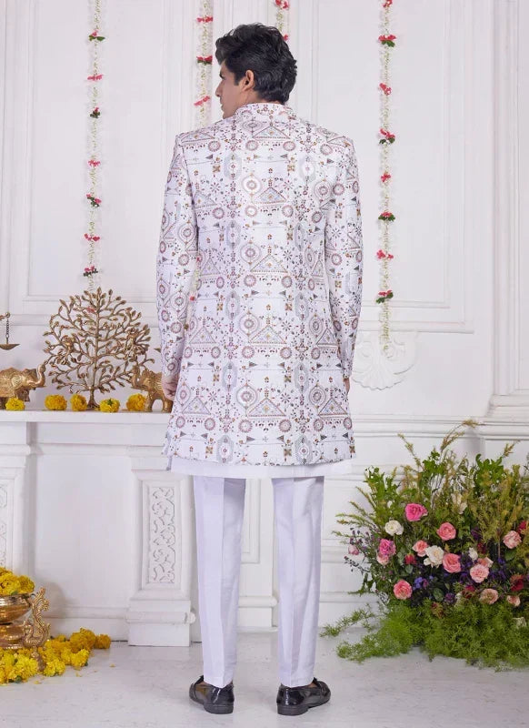 Men's Cream Art Silk Thread Work Indo Western Set