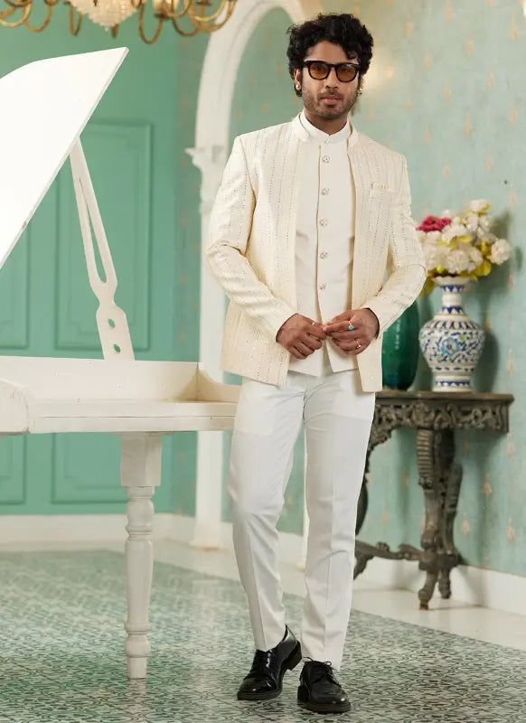 Men's Cream Art Silk Thread Work Jodhpuri Jacket