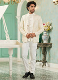 Men's Cream Art Silk Thread Work Jodhpuri Jacket