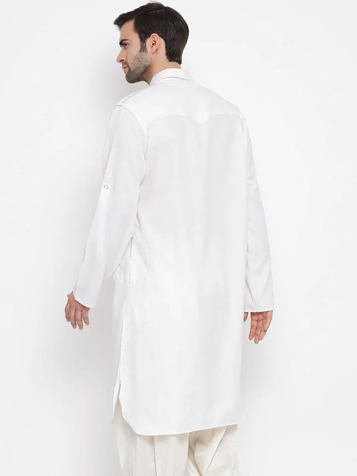 Men's Cream Cotton Blend Pathani Style Kurta