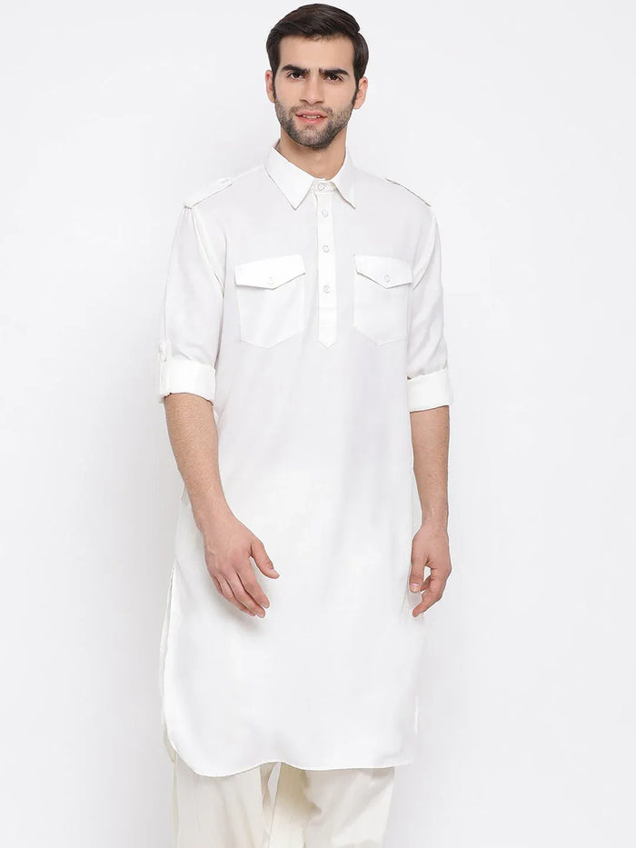 Men's Cream Cotton Blend Pathani Style Kurta