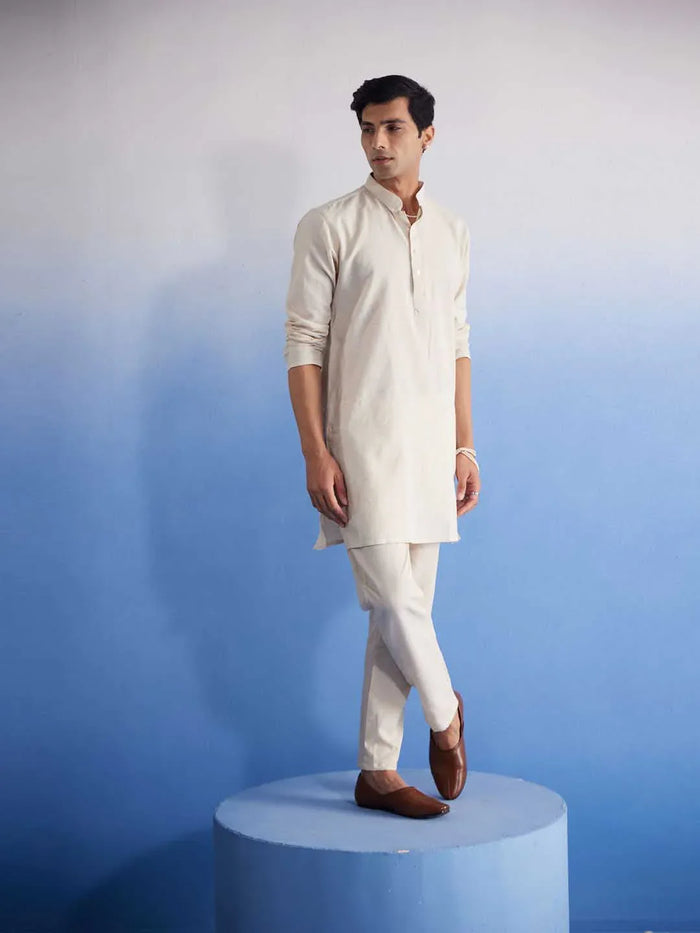 Men's Cream Cotton Kurta With Cream Pant Set