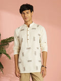 Men's Cream Cotton Thread Embroidered Short Kurta