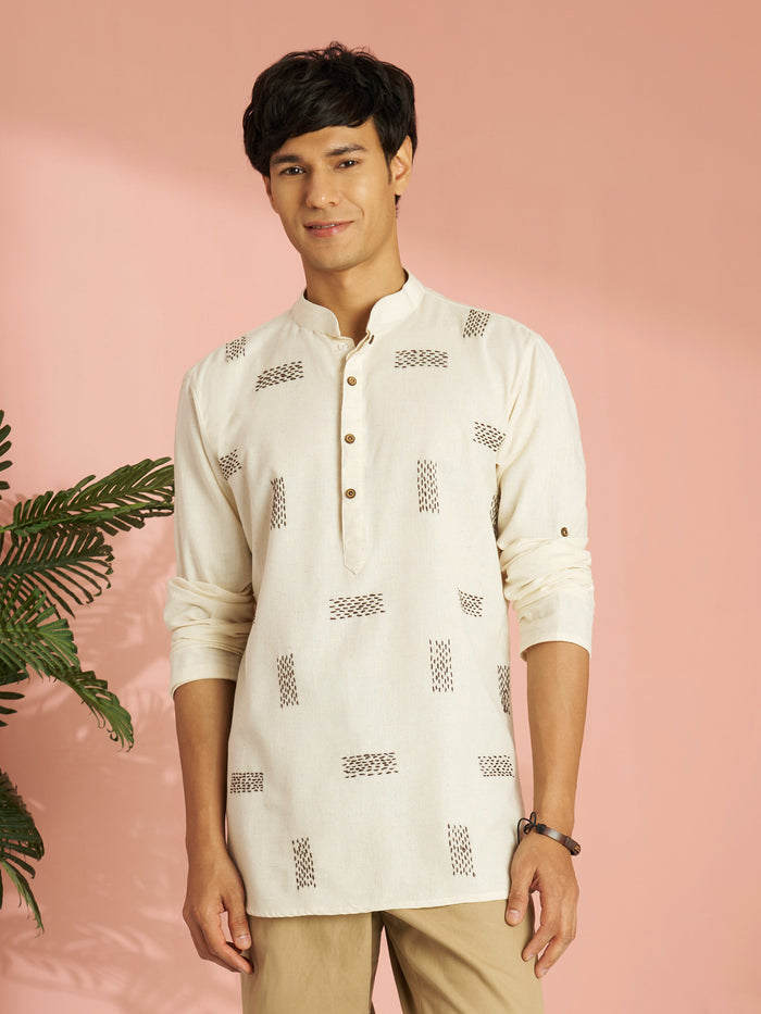 Men's Cream Cotton Thread Embroidered Short Kurta